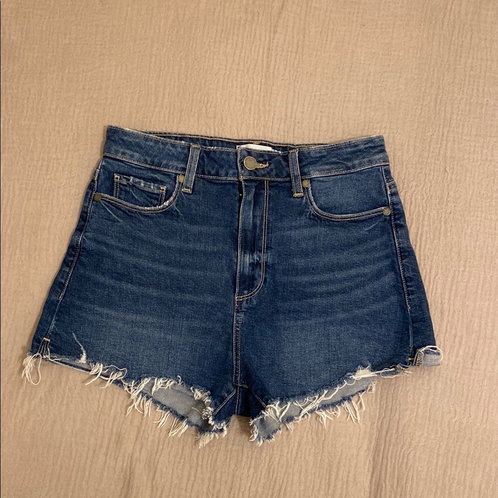 PAIGE Margot Shorts Dark Blue High-Rise Frayed Hem Denim Shorts. Size 27